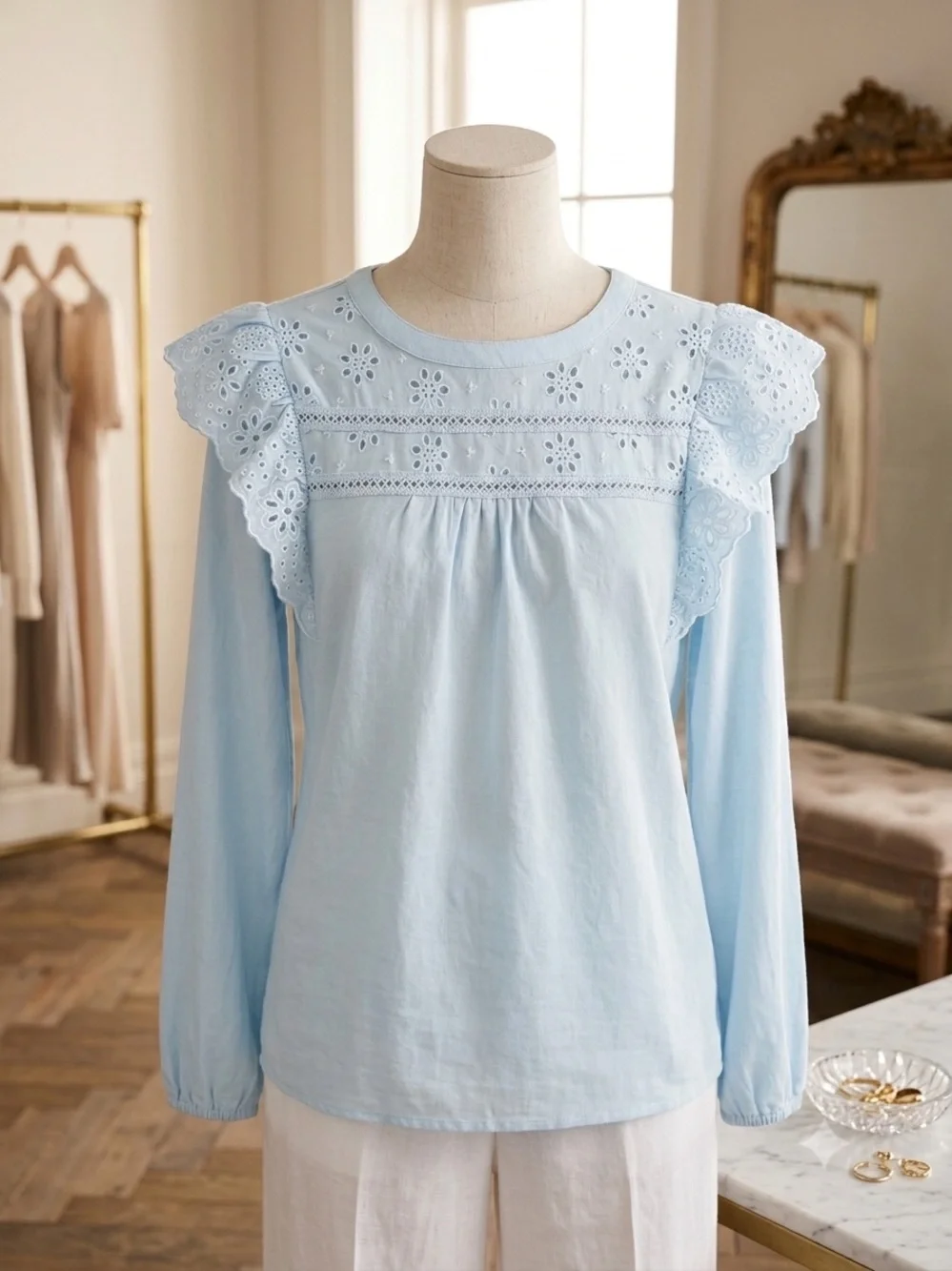 J. Crew Light Blue Eyelet Ruffle Yoke Long-Sleeve Top